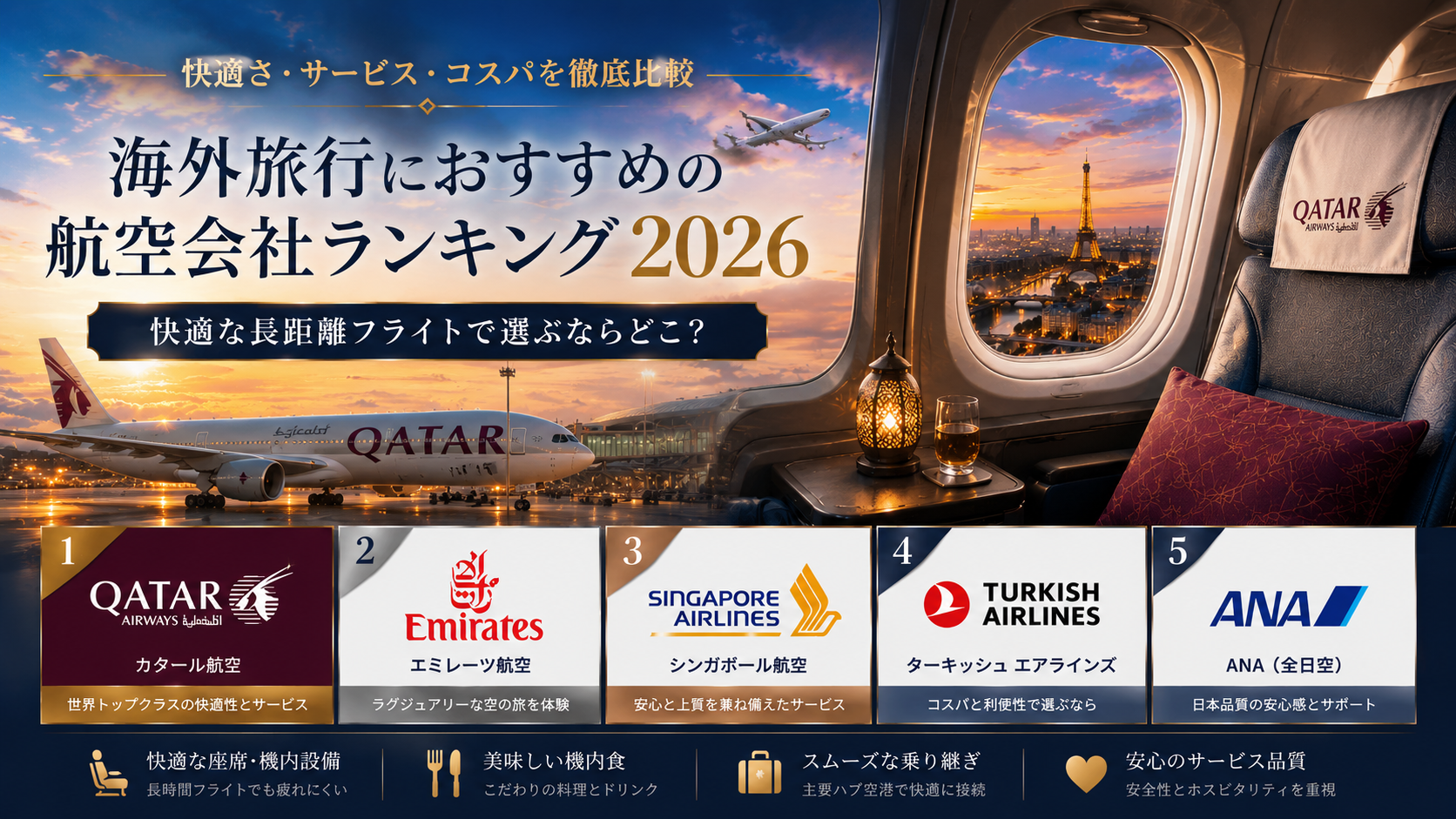 海外旅行におすすめの航空会社ランキング2026｜快適な長距離フライトで選ぶならどこ？